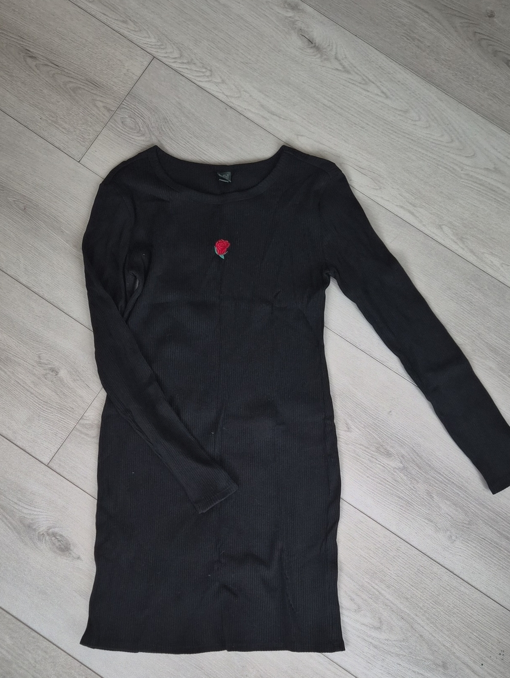 wild fable Black Ribbed Long-Sleeve Dress with Red Rose Patch